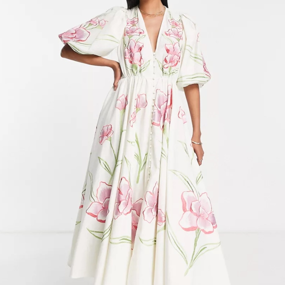 ASOS EDITION button front bright floral embroidered midi dress